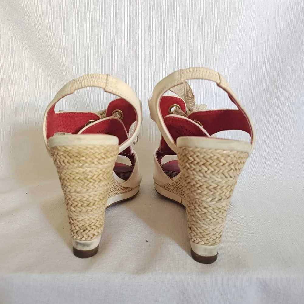 Johnston & Murphy Wedge Sandals Lace Up Espadrilles Cream 6.5 Leather‎ Natural